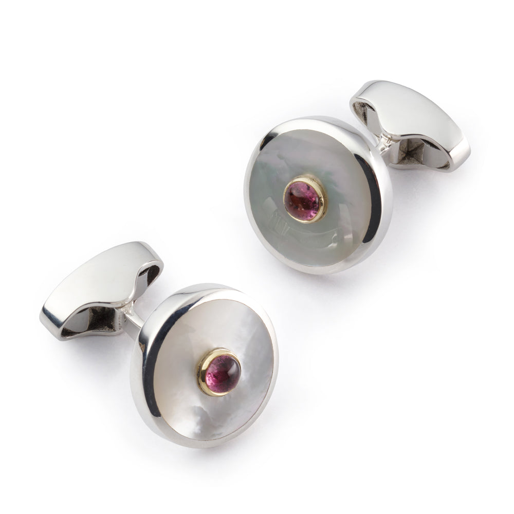 Sterling Silver Cufflinks With Mother Of Pearl And Pink Tourmaline Benson & Clegg