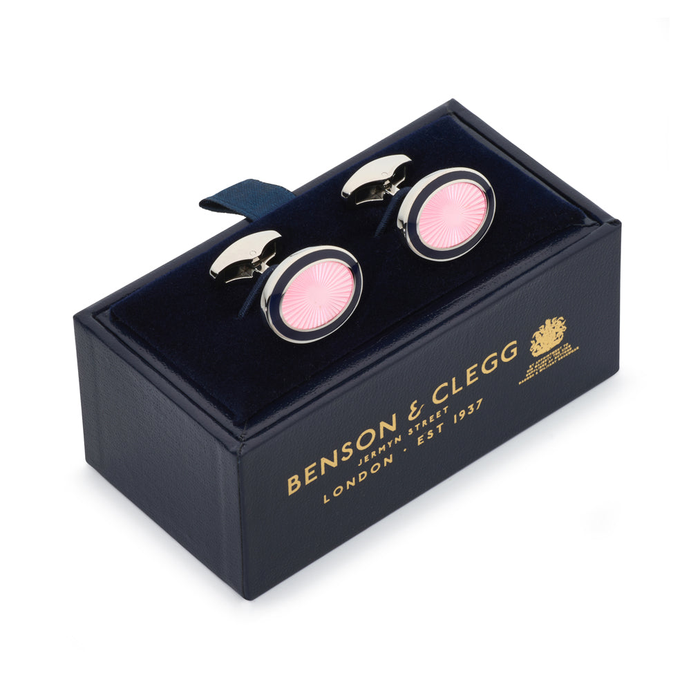 Pink bloom enamel cufflinks with a sunburst design by Benson & Clegg