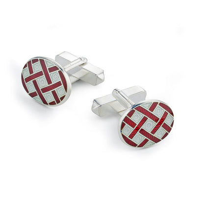 Sterling silver cufflinks in cream with a woven design by Benson & Clegg.