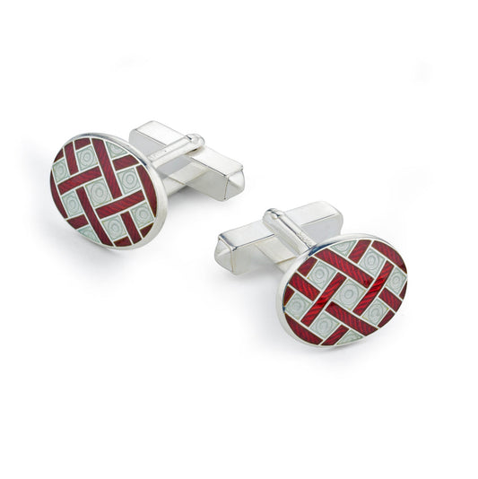 Sterling silver cufflinks in cream with a woven design by Benson & Clegg.
