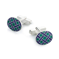Green weaved sterling silver cufflinks with intricate detailing by Benson & Clegg