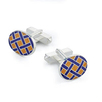 Yellow sterling silver Weave cufflinks with a textured finish, displayed on a black stand by Benson & Clegg.