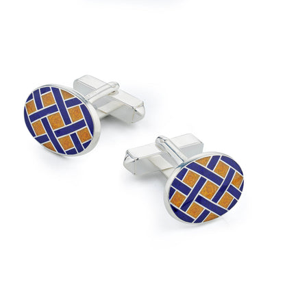 Yellow sterling silver Weave cufflinks with a textured finish, displayed on a black stand by Benson & Clegg.