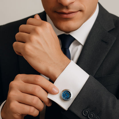 Working Watch Cufflinks In Silver and Blue Benson & Clegg