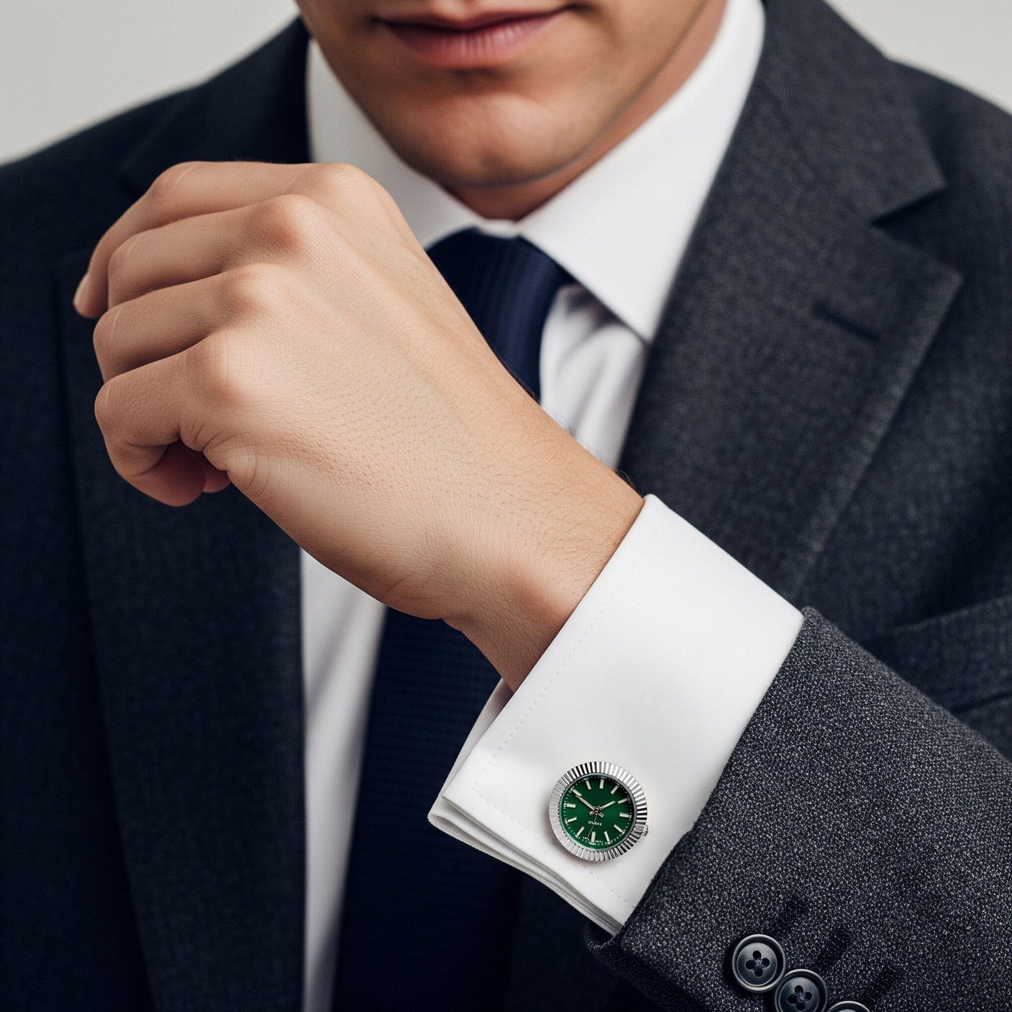 Working Watch Cufflinks In Silver and Green Benson & Clegg
