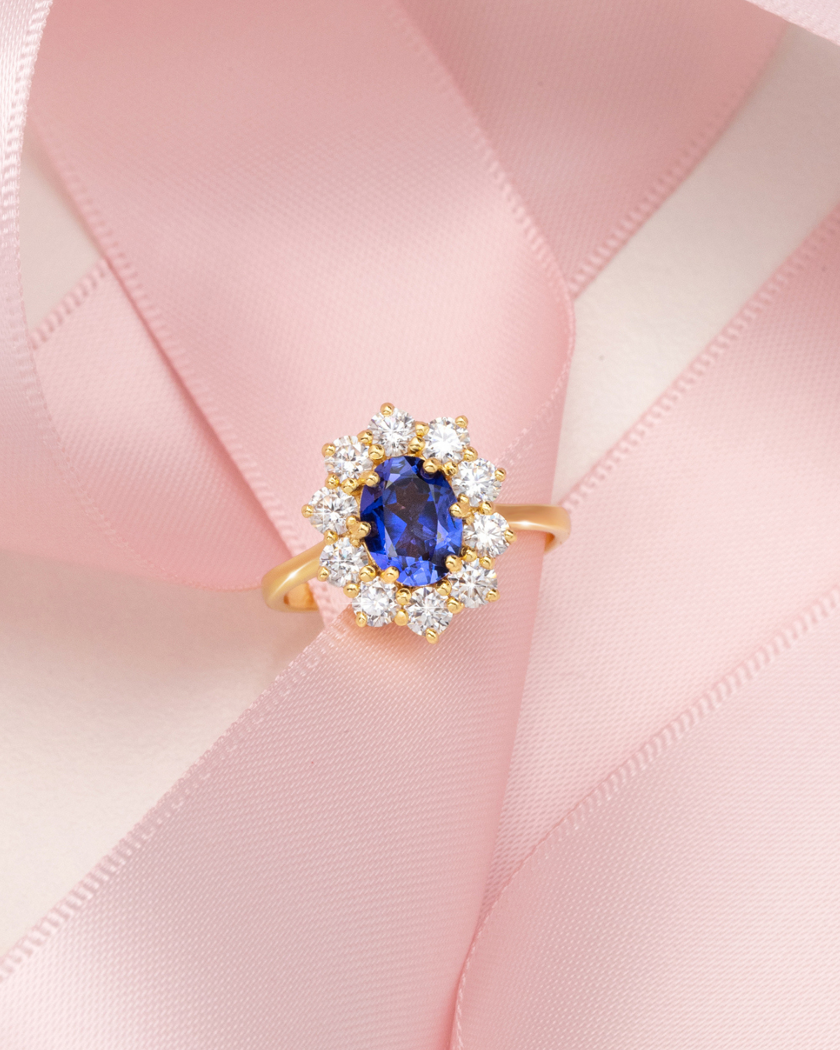 Blue Sapphire Halo Engagement Ring in 18k Gold Vermeil - SJR London Timepiece