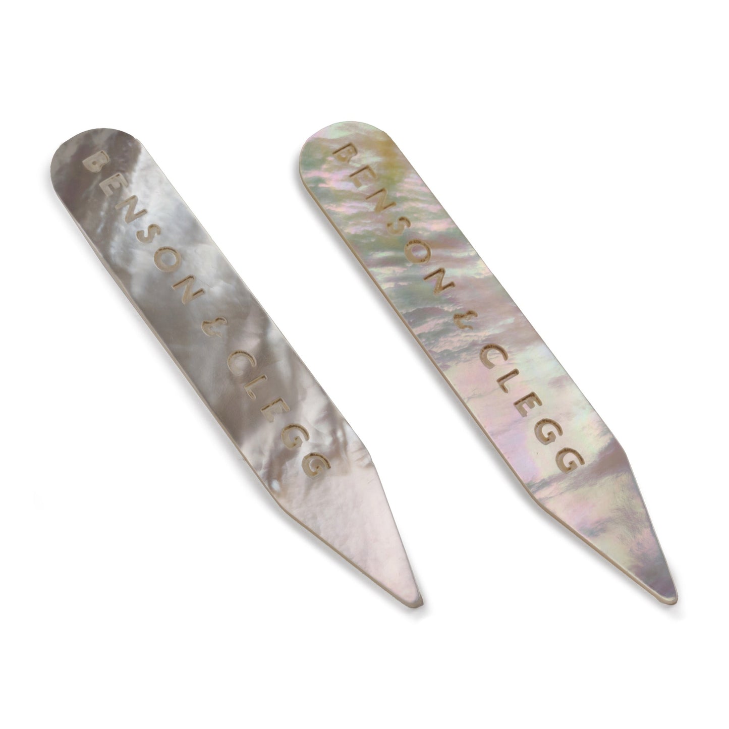 Classic mother of pearl collar stiffeners with a subtle sheen by Benson & Clegg.