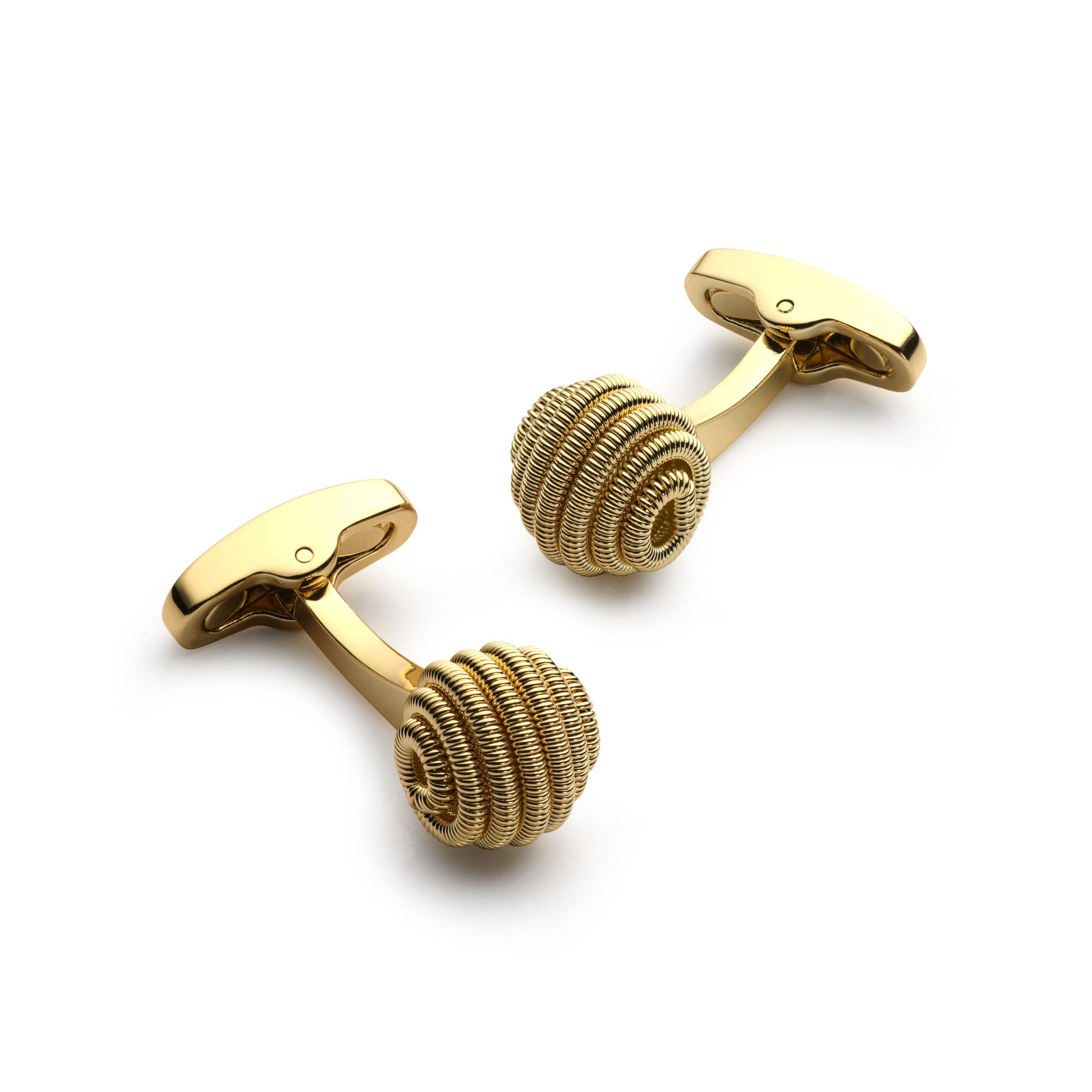 Gold spiral cufflinks with a polished finish, displayed on a black background, featuring the Benson & Clegg logo.