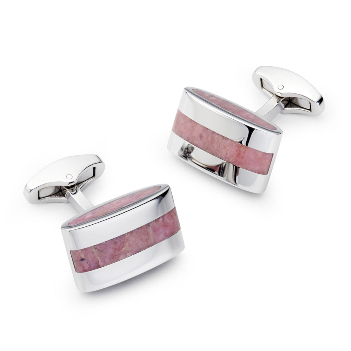 Contemporary rhodochrosite cufflinks with polished silver settings, displayed on a black background.