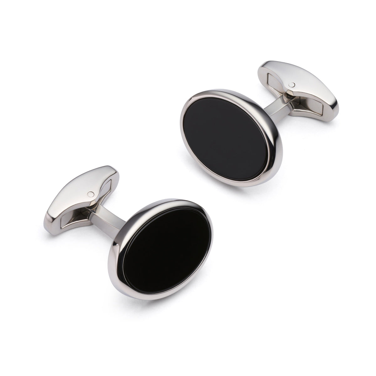 Silver onyx oval cufflinks with a polished finish, featuring a sleek design and subtle detailing by Benson & Clegg.