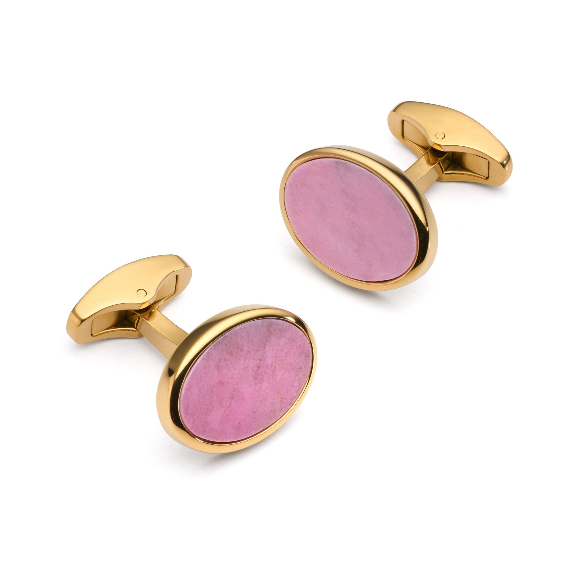 Rhodochrosite cufflinks in polished gold finish with deep red gemstone accents by Benson & Clegg.
