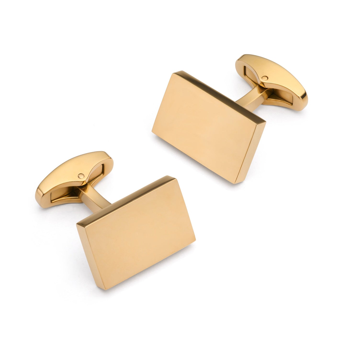 Gold rectangular cufflinks with polished finish, styled on a navy shirt cuff, by Benson & Clegg.