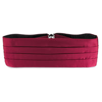 Dark red wine satin silk cummerbund with gold trim, worn on a formal event by Benson & Clegg.