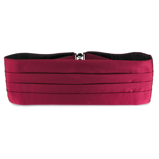 Dark red wine satin silk cummerbund with gold trim, worn on a formal event by Benson & Clegg.