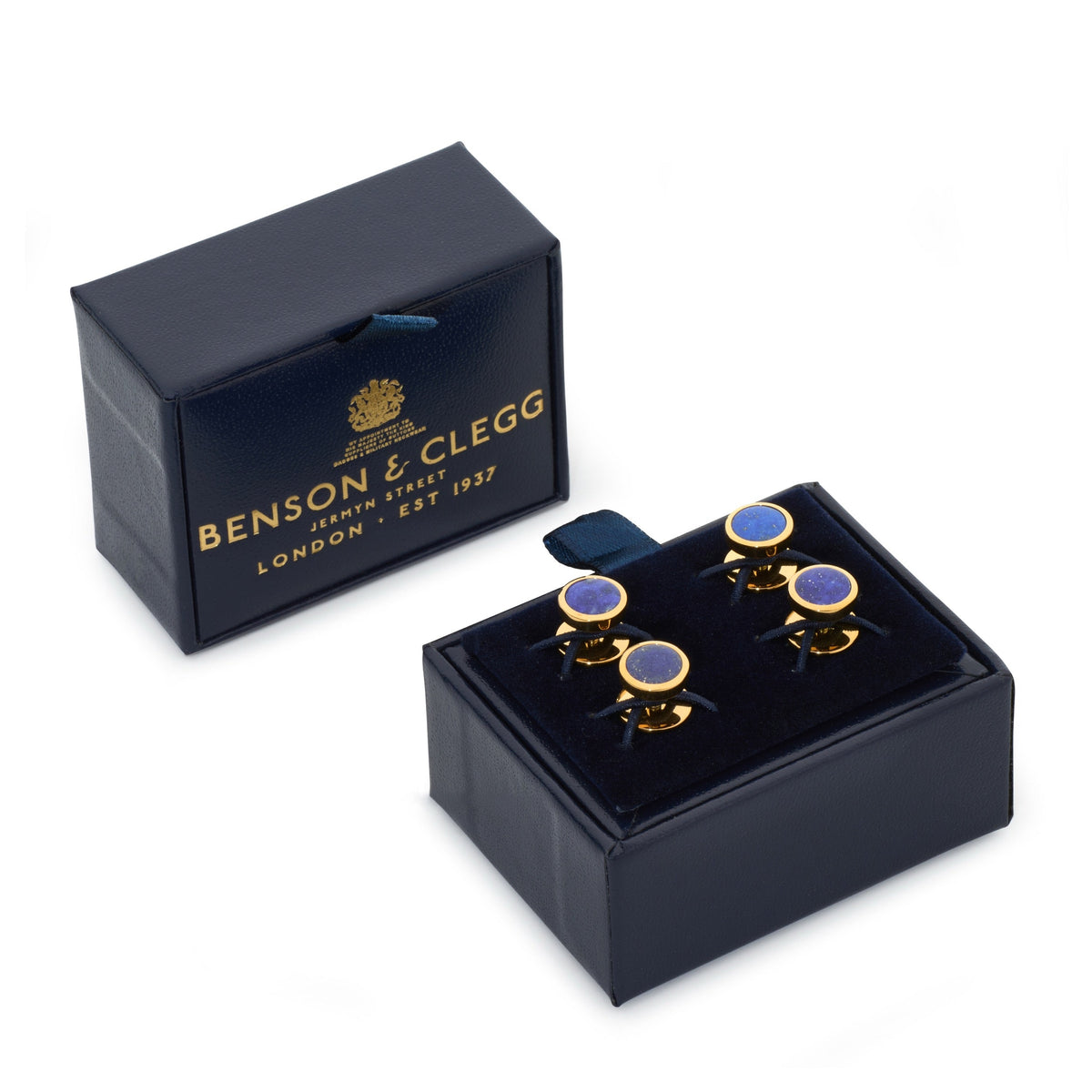 Gold dress studs featuring lapis lazuli gemstones, styled for formal wear by Benson & Clegg.