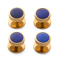 Gold dress studs featuring lapis lazuli stones, styled for formal wear by Benson & Clegg.