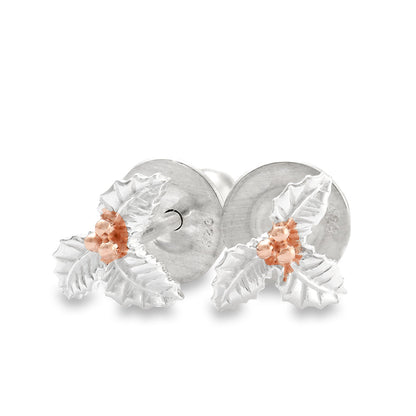 Holly Leaf Silver & Rose Gold Stud Earrings Scarlett Jewellery