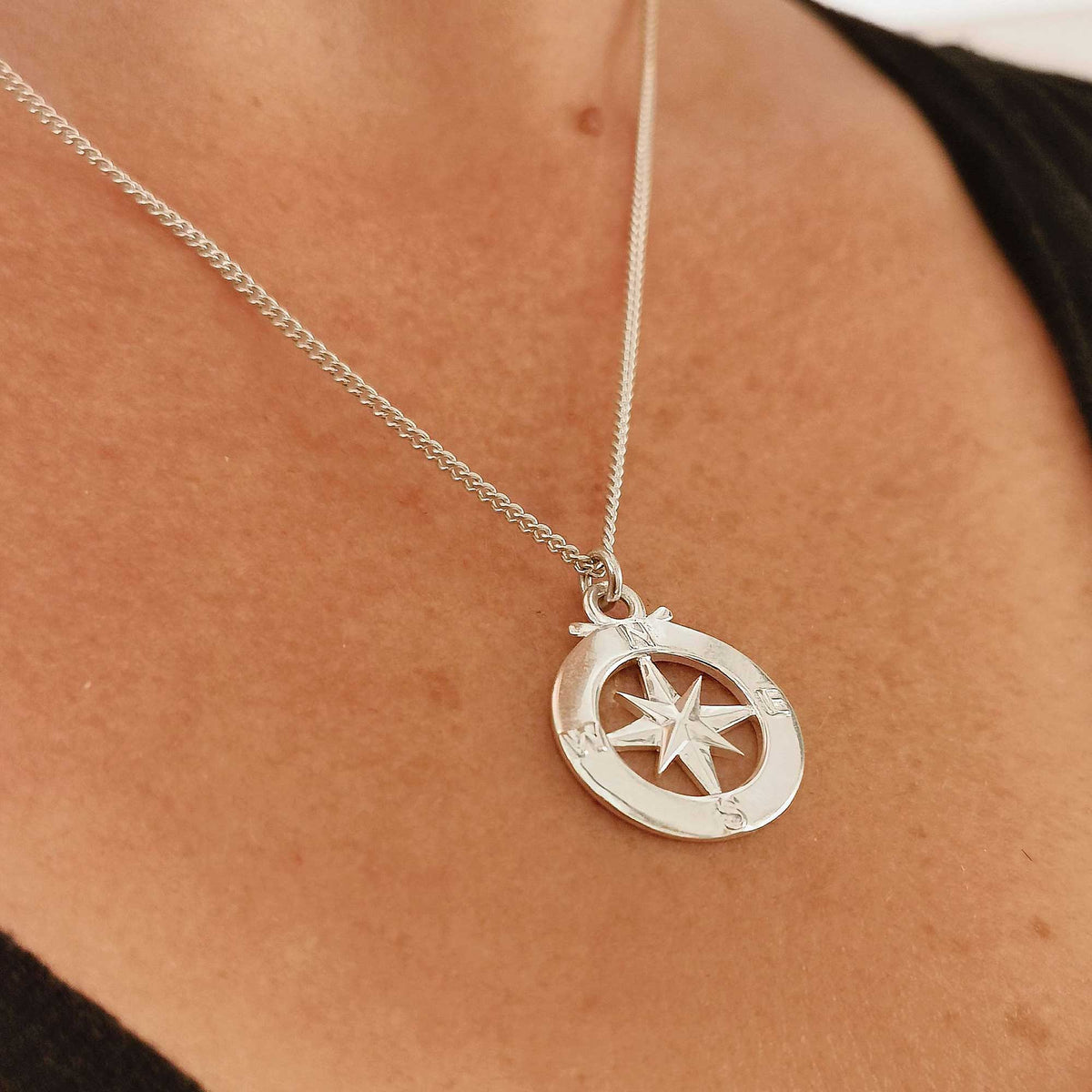 Enamel Outline Compass Large St Christopher Silver Necklace Scarlett Jewellery