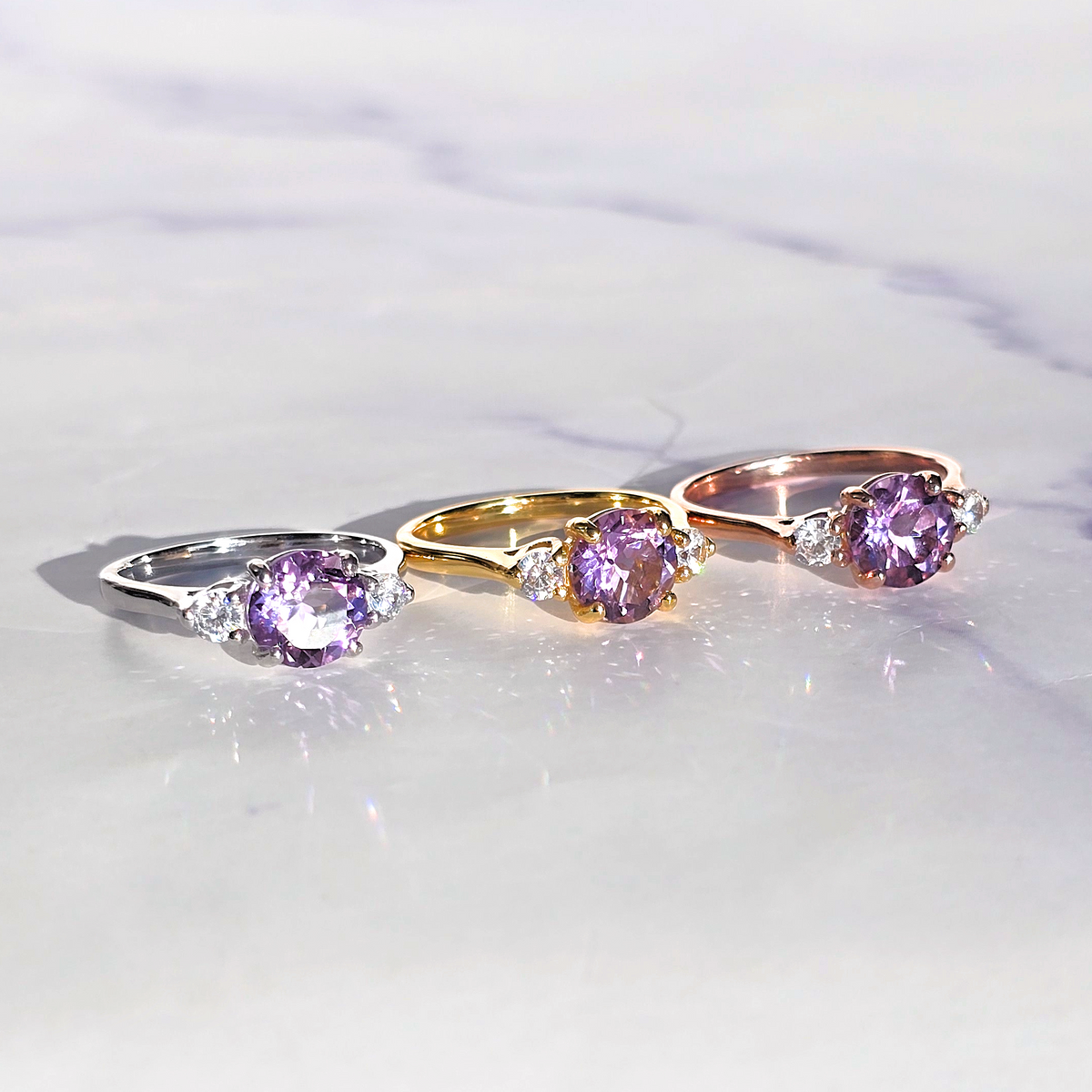 Lavender Amethyst Three Stone Ring in Sterling Silver - SJR London Timepiece