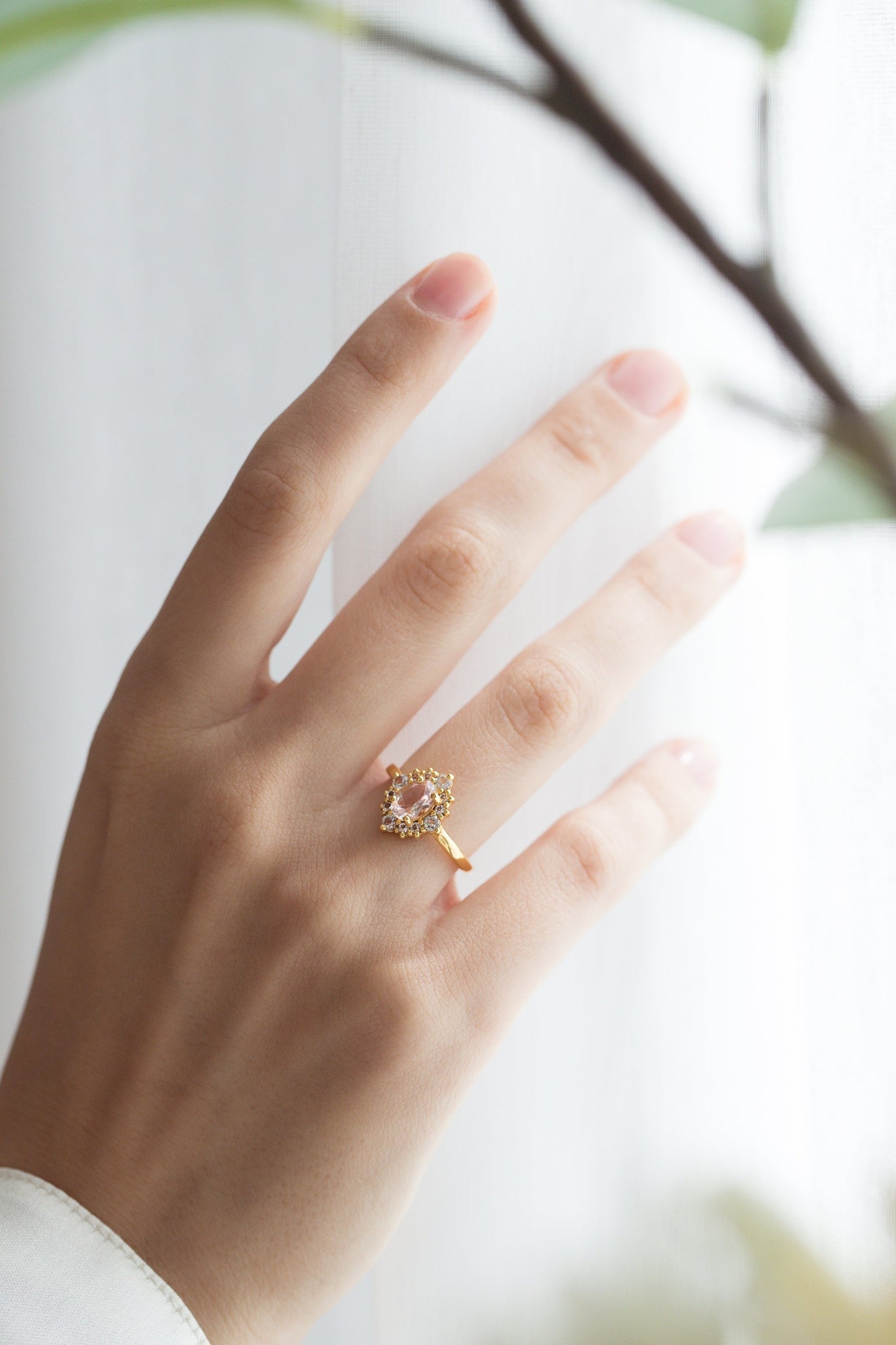 Pink Morganite Halo Ring in 18k Gold Vermeil - SJR London Timepiece