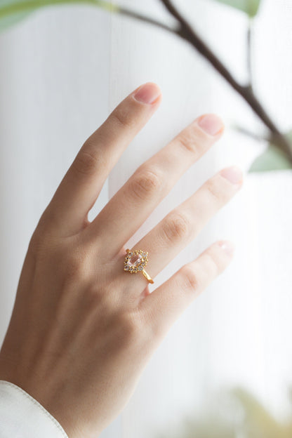 Pink Morganite Halo Ring in 18k Gold Vermeil - SJR London Timepiece