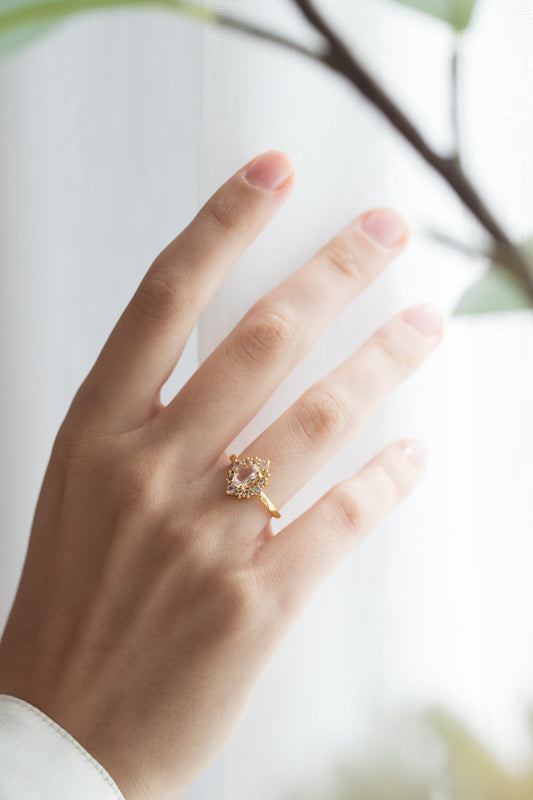 Pink Morganite Halo Ring in 18k Gold Vermeil - SJR London Timepiece