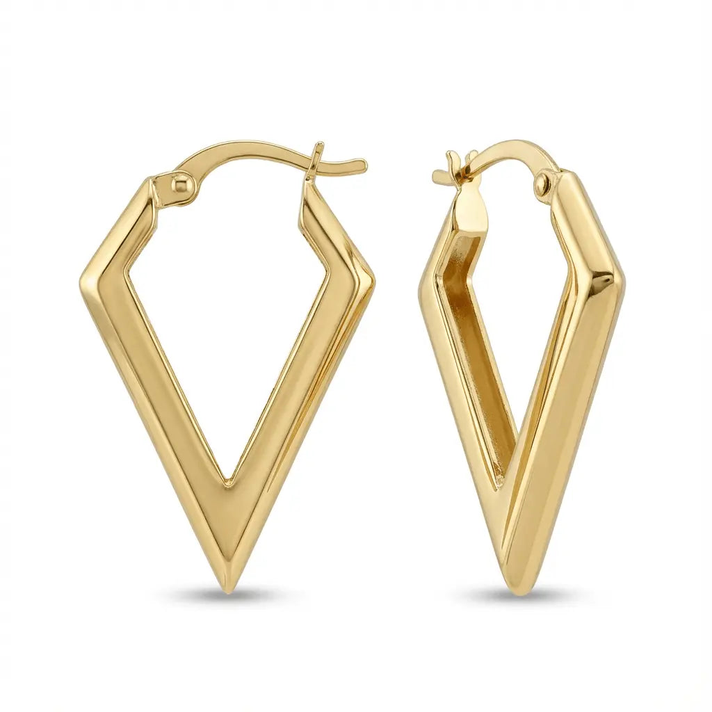 Solid gold geometric V-shaped hoop earrings in 14ct gold by Majestic Jewellery