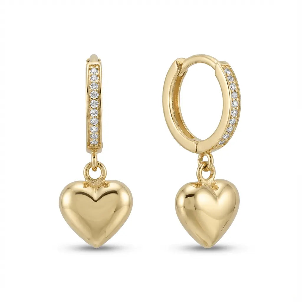 A golden heart drop hoop earring in 14ct gold by Majestic Jewellery