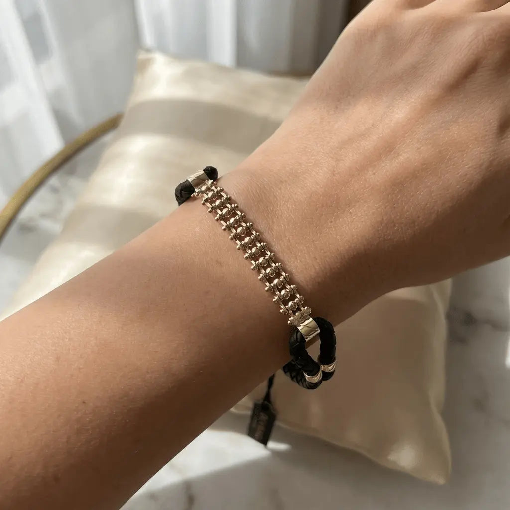 A golden orbit textured link bracelet in 14ct gold by Majestic Jewellery