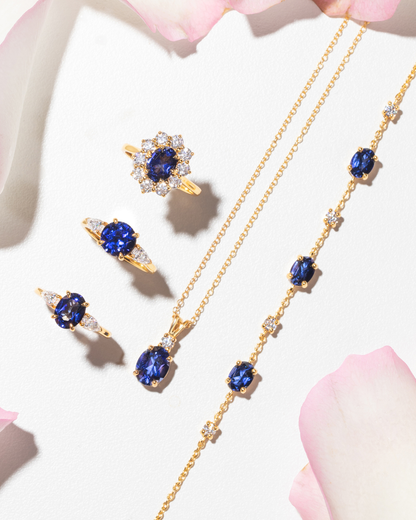 Blue Sapphire Halo Engagement Ring in 18k Gold Vermeil - SJR London Timepiece