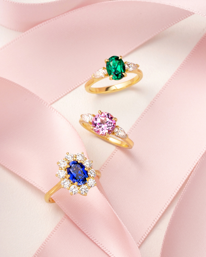Blue Sapphire Halo Engagement Ring in 18k Gold Vermeil - SJR London Timepiece