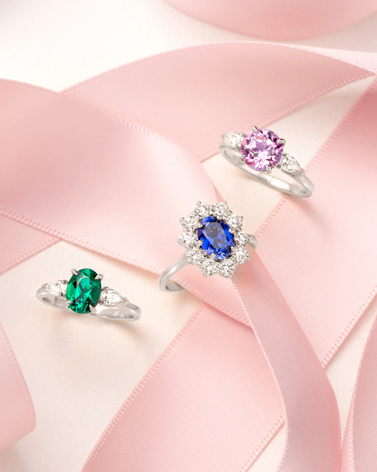 Pink Sapphire Round Cut Three Stone Engagement Ring in Sterling Silver - SJR London Timepiece
