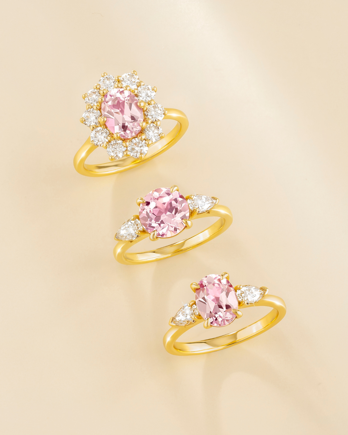 Pink Sapphire Round Cut Three Stone Engagement Ring in 18k Gold Vermeil - SJR London Timepiece