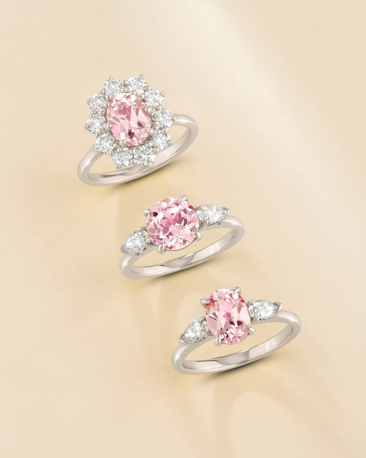 Pink Sapphire Round Cut Three Stone Engagement Ring in Sterling Silver - SJR London Timepiece