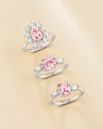 Pink Sapphire Round Cut Three Stone Engagement Ring in Sterling Silver - SJR London Timepiece