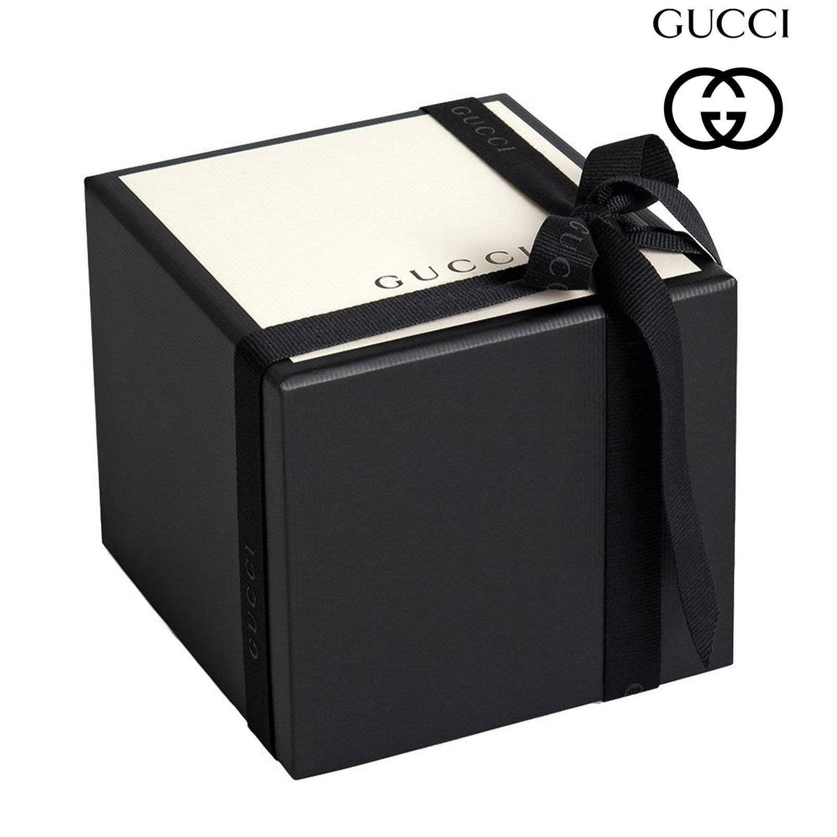 Black Gucci watch "G" 22mm with gold details and leather strap by Alan Frost Watches.