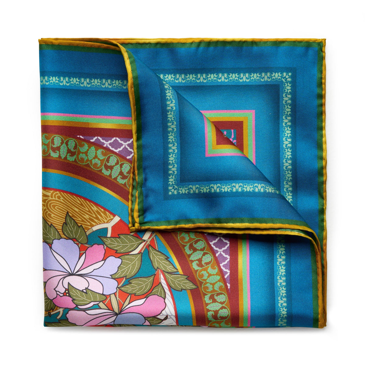 Oriental birds pattern pocket square in rich blue silk by Benson & Clegg.