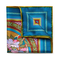 Oriental birds pattern pocket square in rich blue silk by Benson & Clegg.