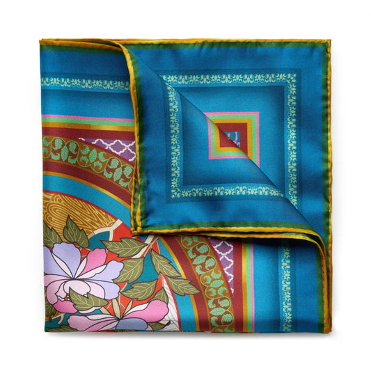 Oriental birds pattern pocket square in rich blue silk by Benson & Clegg.