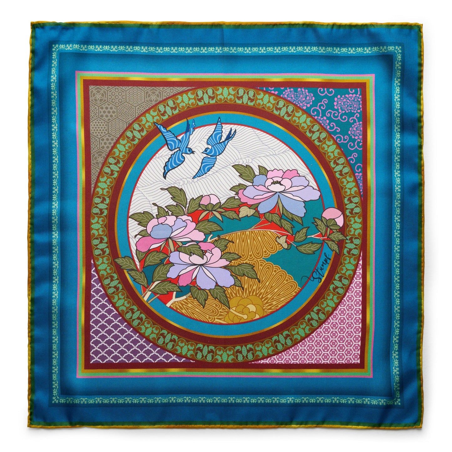 Oriental birds pattern on a silk pocket square, vibrant red background, detailed embroidery, Benson & Clegg.