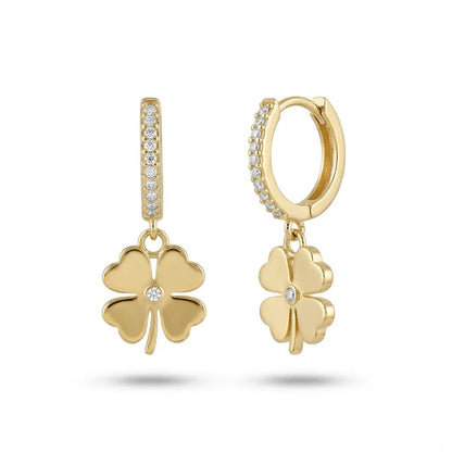 Solid Gold Earrings – Lucky Clover Drop Hoop – 14ct Gold Majestic Jewellery