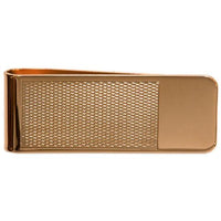 A gold money clip with a sleek design and engraved logo, shown against a dark background.