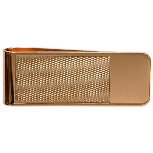 A gold money clip with a sleek design and engraved logo, shown against a dark background.