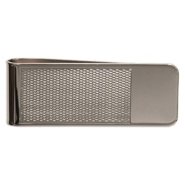 Silver money clip with engraved pattern, shown against a dark background, by Benson & Clegg.