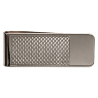 Silver money clip with engraved pattern, shown against a dark background, by Benson & Clegg.