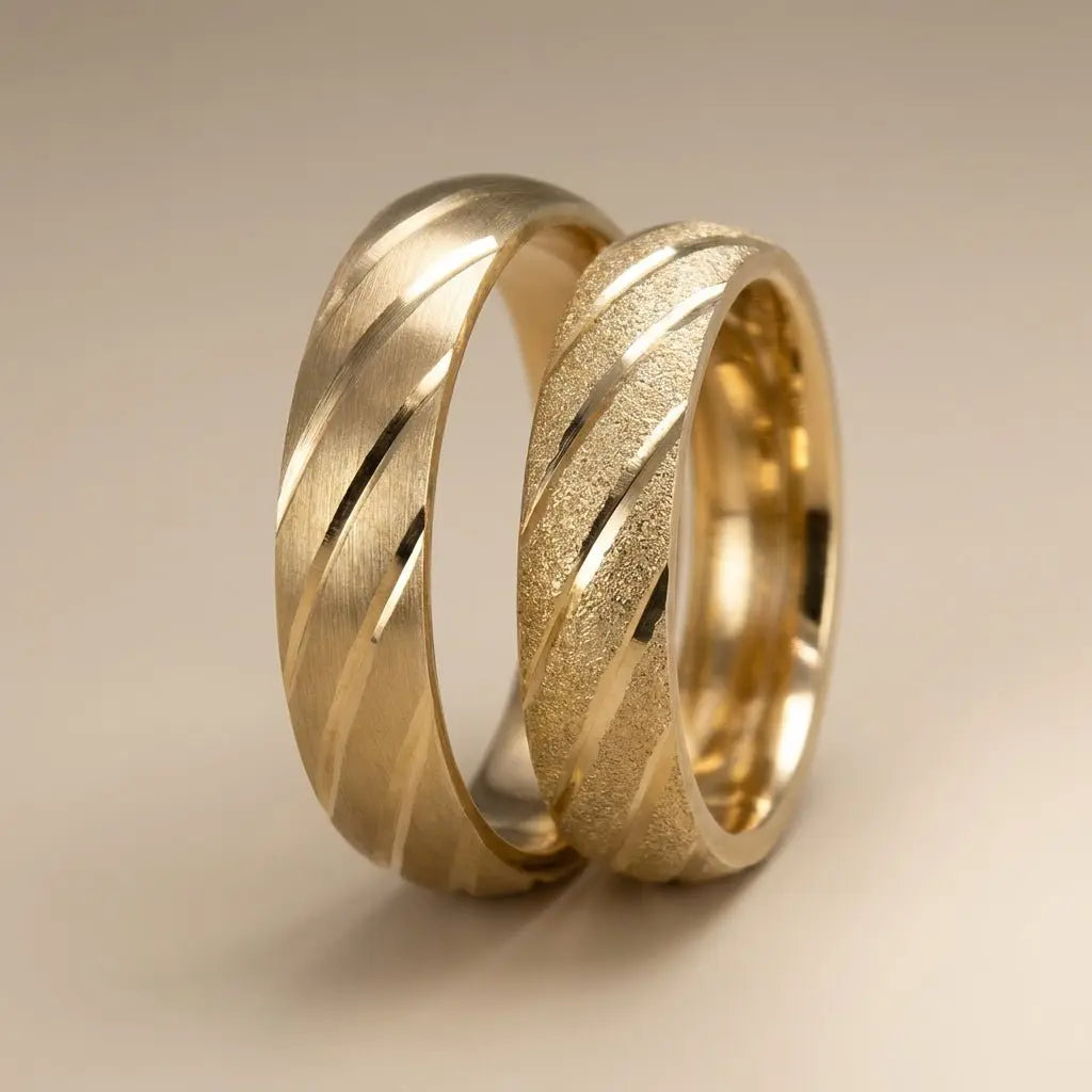 A 5mm gold wedding band with diagonal contrast design in 9ct, 14ct, or 18ct gold by Majestic Jewellery