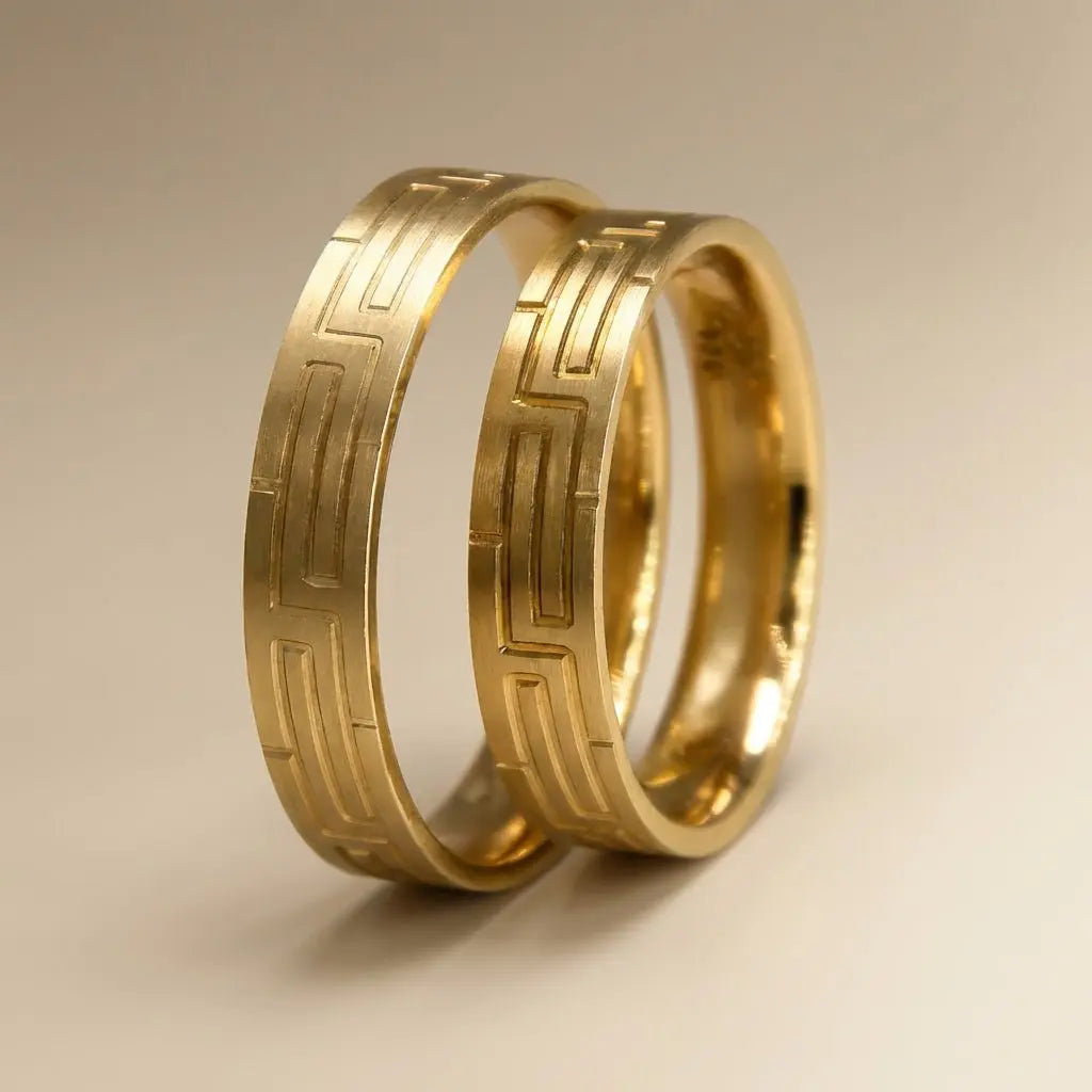 A 4mm gold wedding band with a geometric pattern in 9ct gold, shown against a black background by Majestic Jewellery.