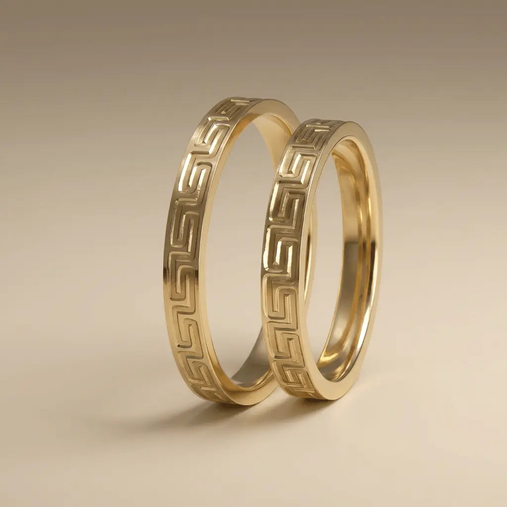 3mm Gold Wedding Band – Greek Key Engraved – 9ct/14ct/18ct Gold Majestic Jewellery