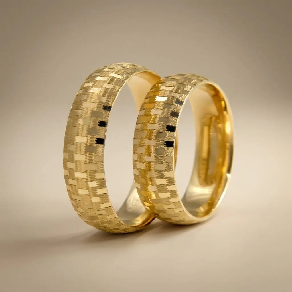 A 6mm gold wedding band with a mosaic textured finish in 9ct, 14ct, or 18ct gold by Majestic Jewellery