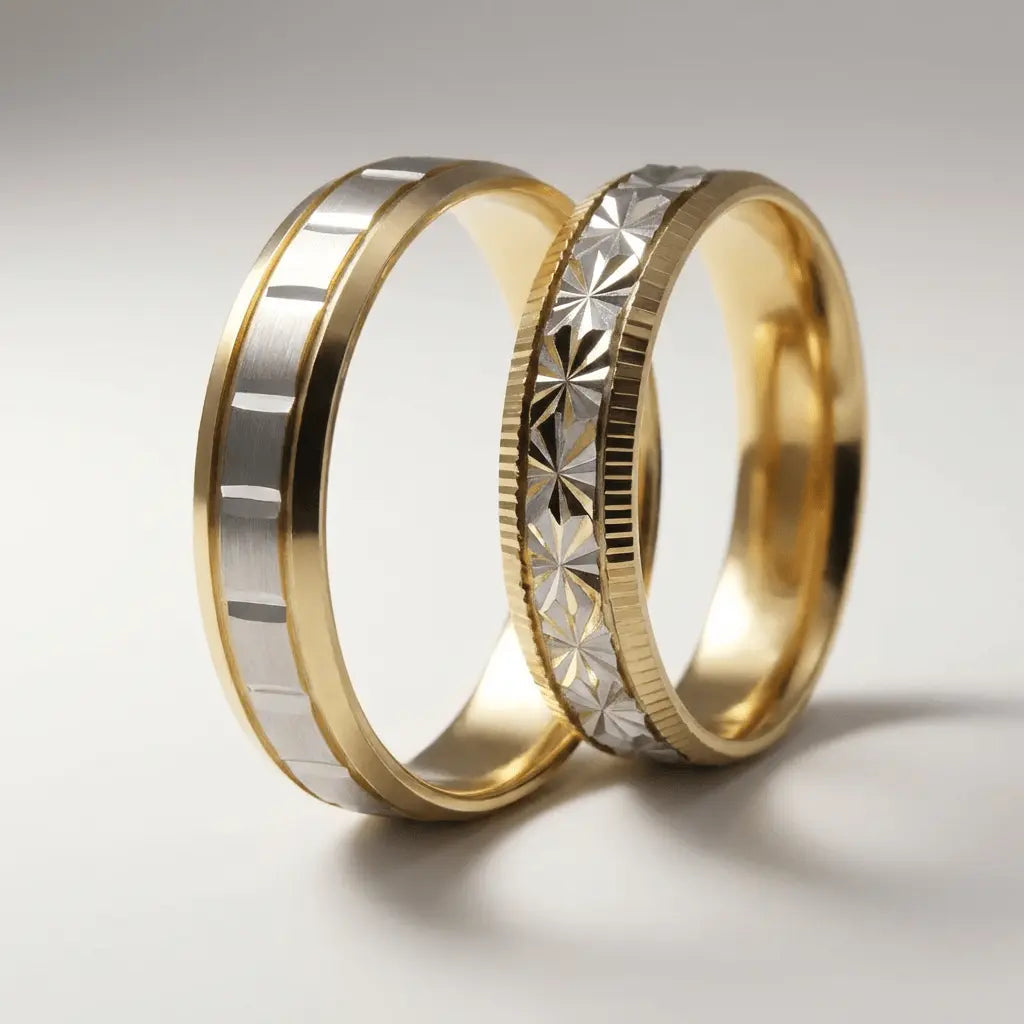 A 5mm gold wedding band with a star cut design in two-tone 9ct, 14ct, and 18ct gold by Majestic Jewellery